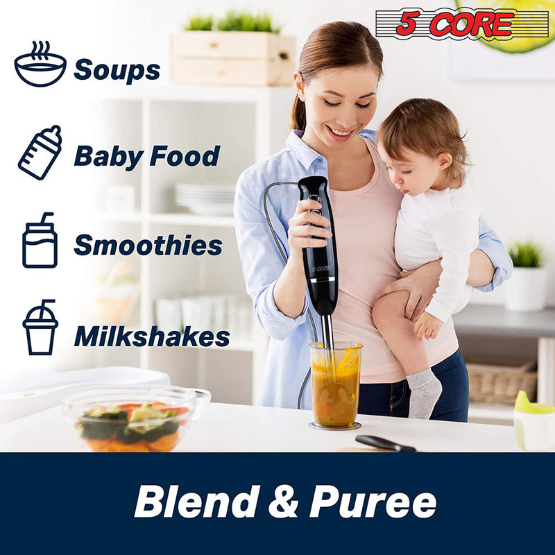 5 Core Hand Blender 500W Immersion Blender Electric Hand Mixer w 2 Mixing Speed 304 Steel Blades-8