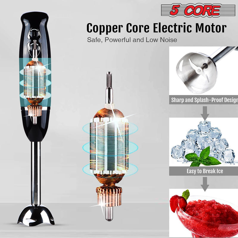 5 Core Hand Blender 500W Immersion Blender Electric Hand Mixer w 2 Mixing Speed 304 Steel Blades-2